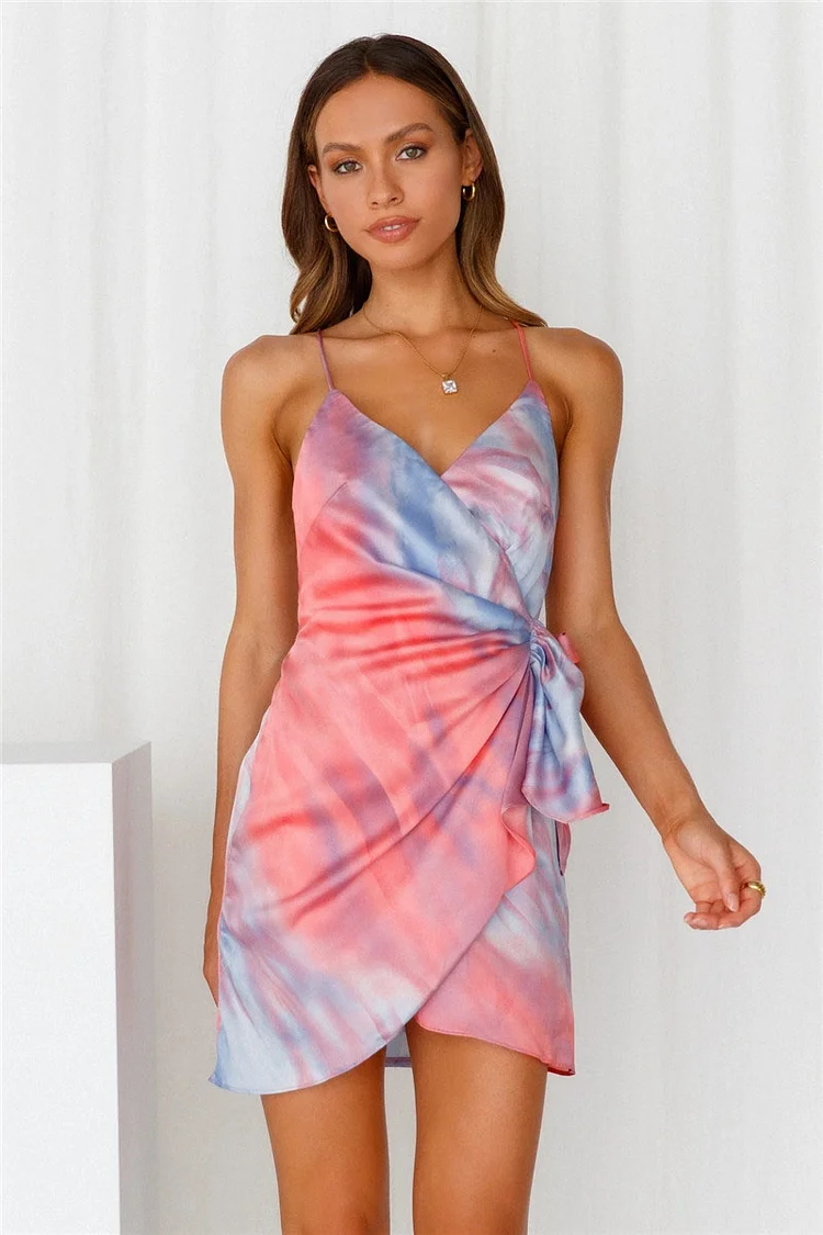 Fading Color V Neck Cami Ruched Tie Up Backless Vacation Mini Dresses