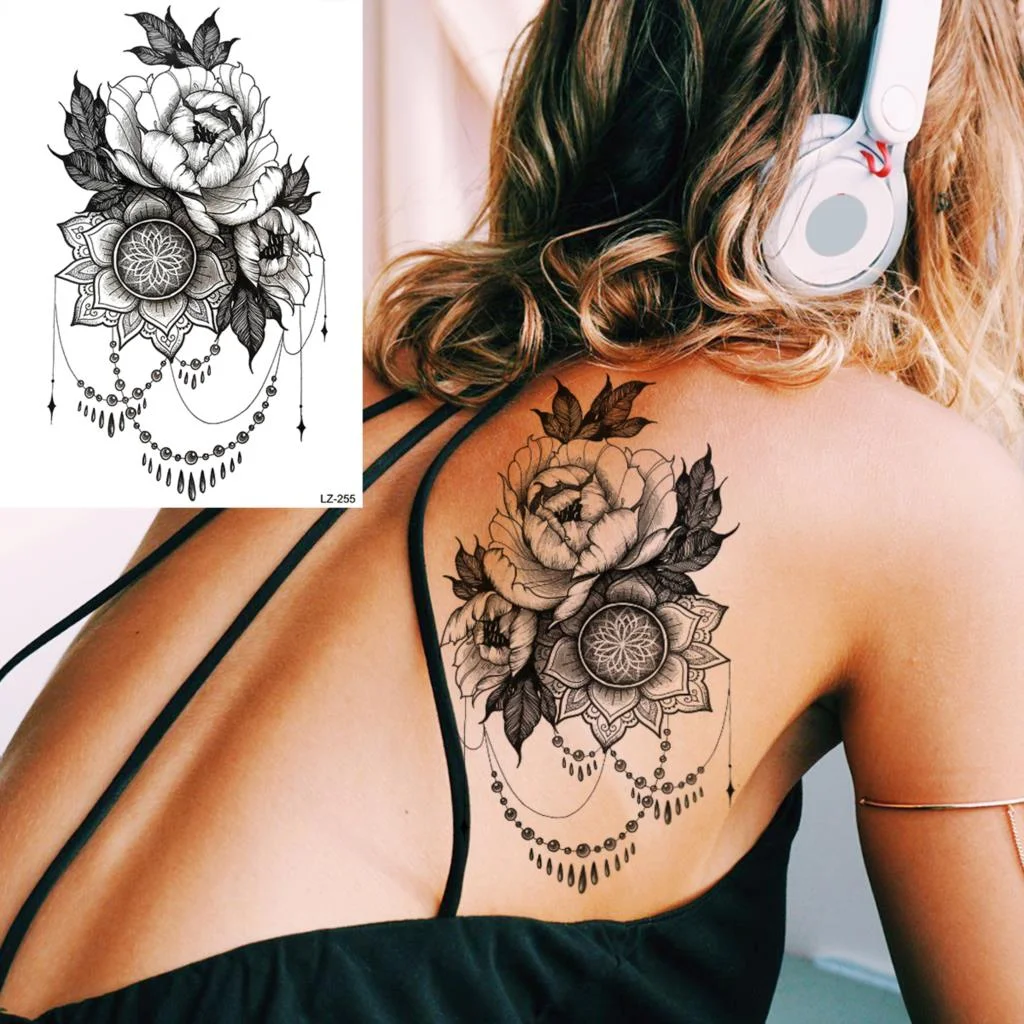 Sdrawing Large Rose FLower Temporary Tattoos For Women Adults Henna Skull Compass Snake Flower Fake Tattoo Sticker Leg Tatoos Thigh