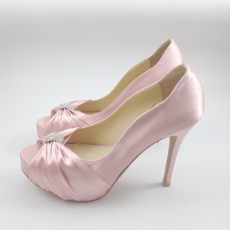 Light Pink Rhinestone Bow Platform Bridal Heels Pumps |FSJ Shoes