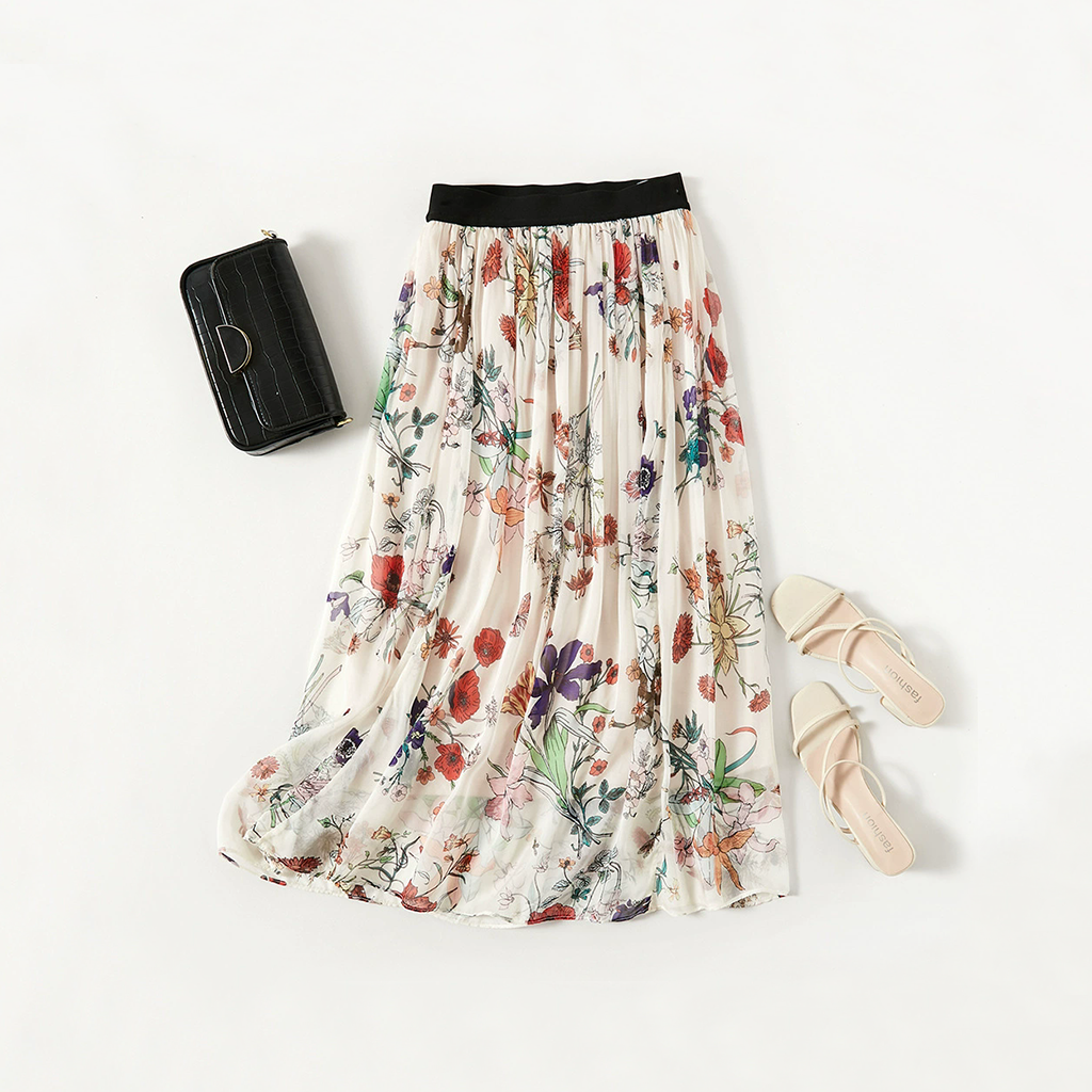 Romantic Silk Skirt with Floral Prints and Pleats for Graceful Occasions REAL SILK LIFE