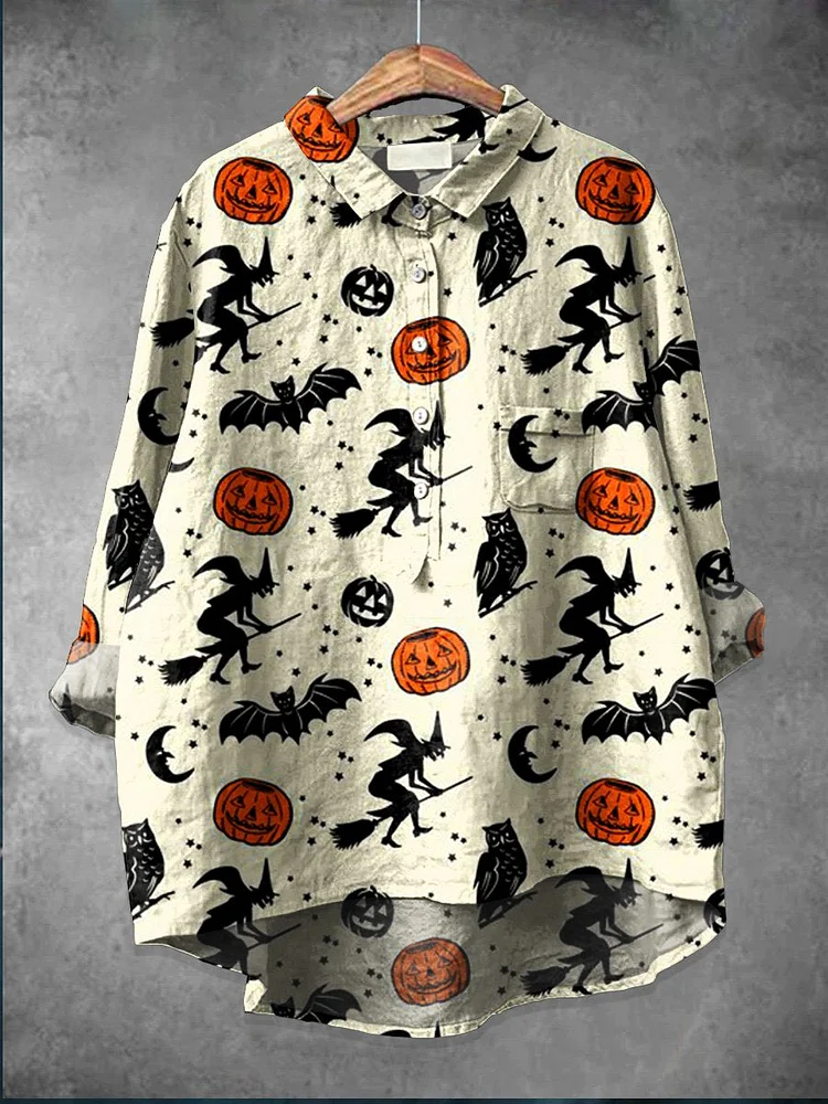 Women's  Halloween  Witch  Art  Print Casual Cotton And Linen Shirt