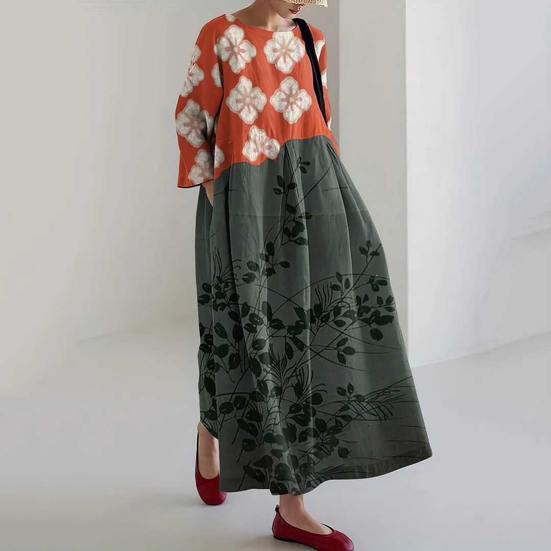 Japanese Art Flower Print Crew Neck Loose Midi Dress