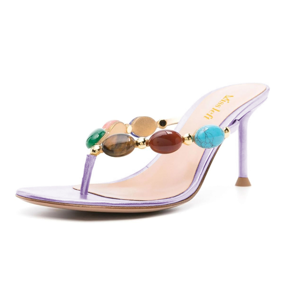 Purple Faux Leather Round Toe Stiletto Heel Jewelled Women Sandals Nicepairs