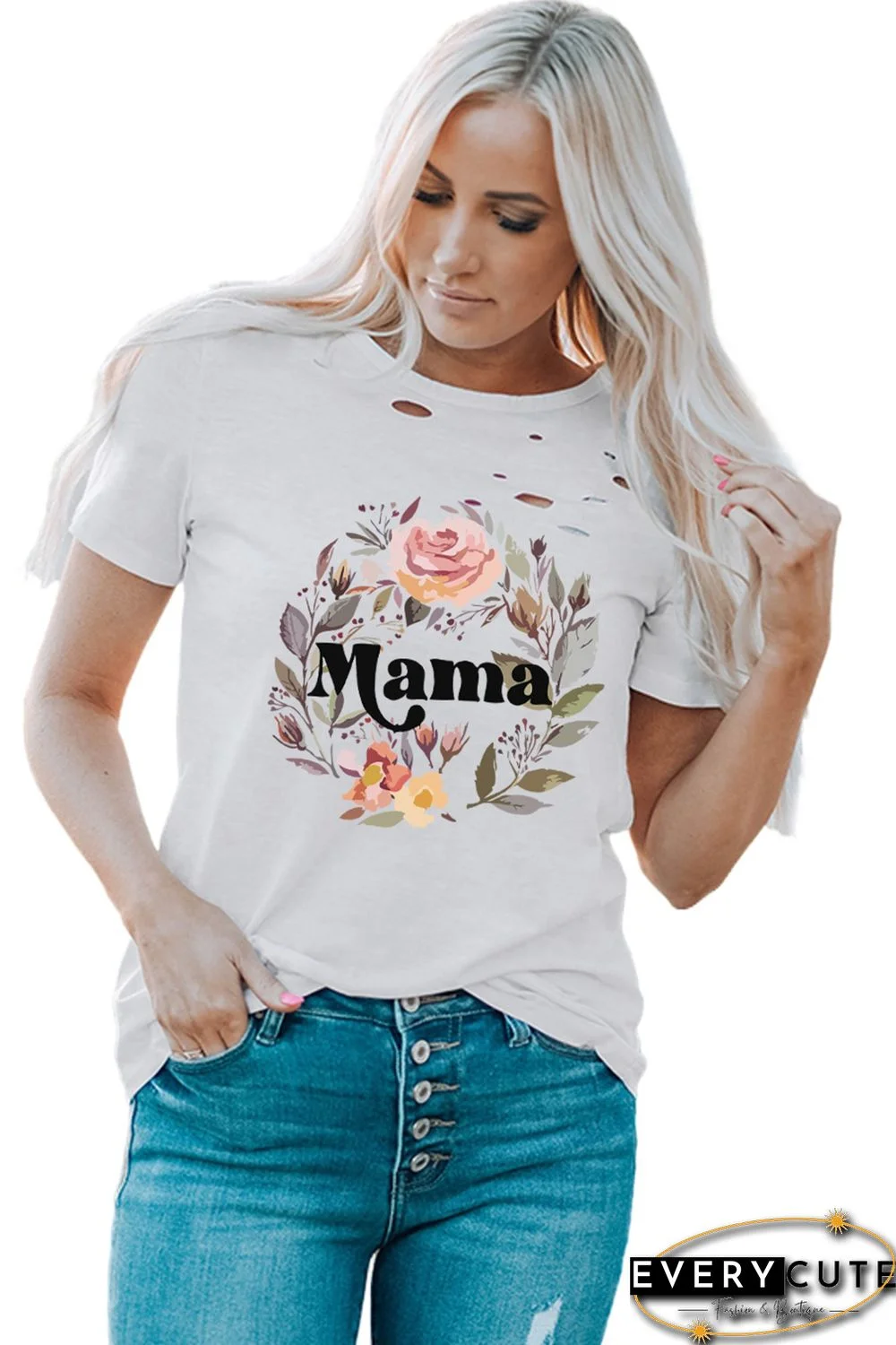 White Boho Flowers Mama Graphic Pothole Shirt