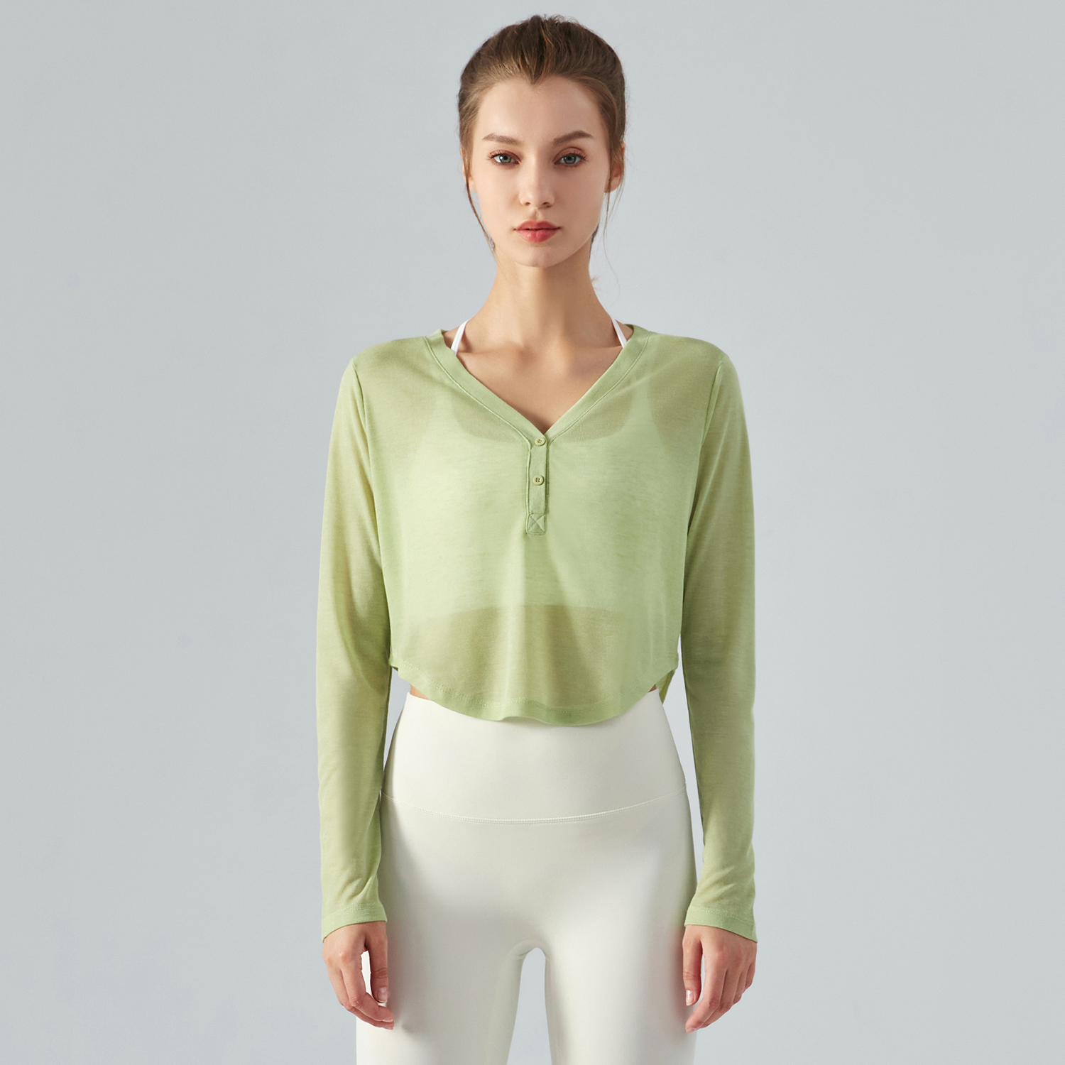 Hergymclothing Celery Green v neck loose button lightweight thin see through running shirt for sale