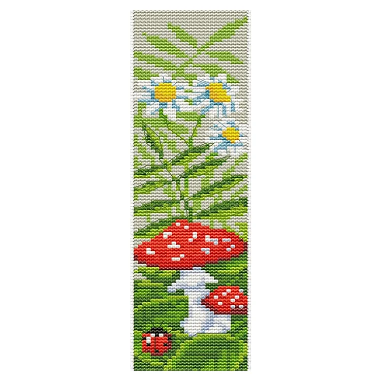 11CT Stamped Double-Sided Mushrooms Daisy Cross Stitch Bookmark Kit 18x6cm