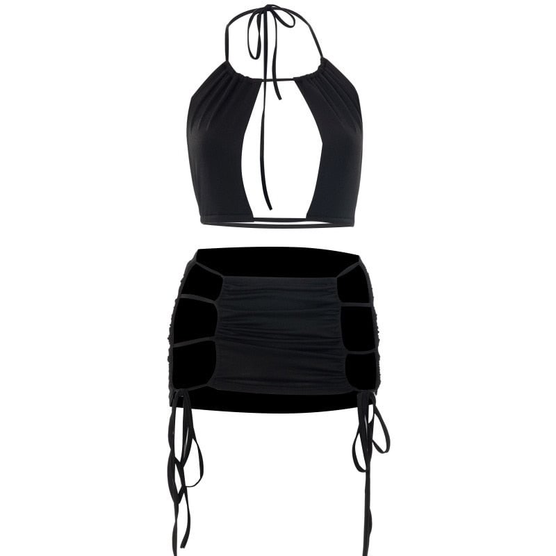 BOOFEENAA Sexy Black Bodycon Two Piece Set Mini Skirts Crop Top Rave 2 Piece Club Outfits for Women Summer Cami Dress C85-BI14