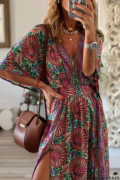 Boho Print V Neck Slit Maxi Dress