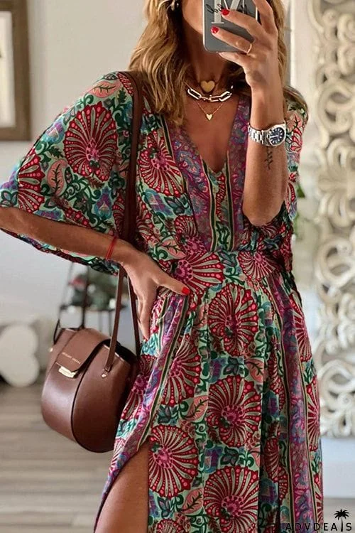 Boho Print V Neck Slit Maxi Dress