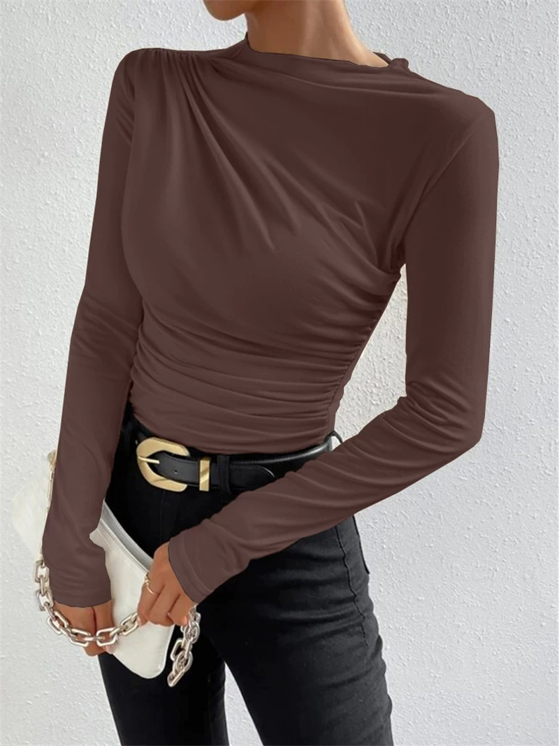 Comyee Women's Spring Summer New Solid Color Slimming Bottom Shirt Versatile Ruffle Design Sense Long Sleeve T-shirt Top