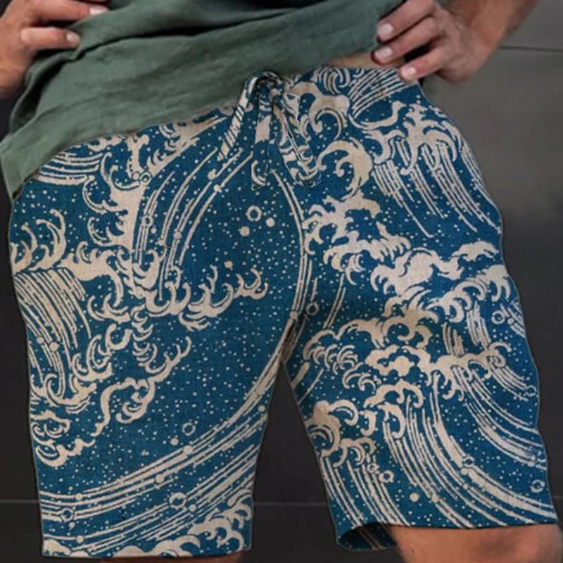 Men'S Sea Wave Japanese Art Print Casual Drawstring Shorts