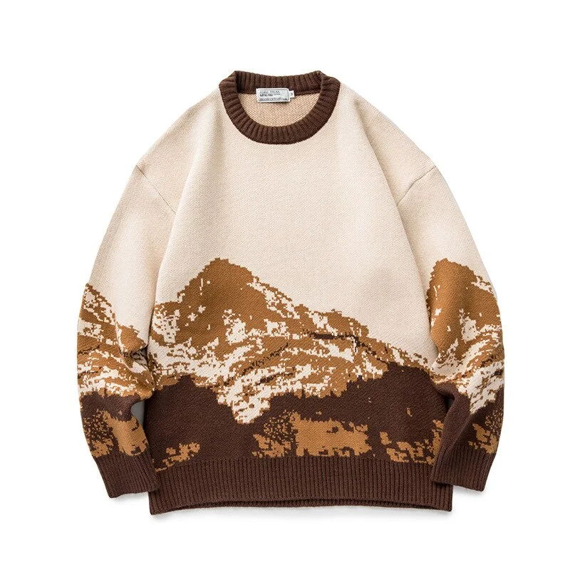 BOLUBAO 2021 Harajuku Snow Mountain Knitted Sweater Gradient Embroidered Pullovers Hip Hop Streetwear Retro Knit Sweaters Male