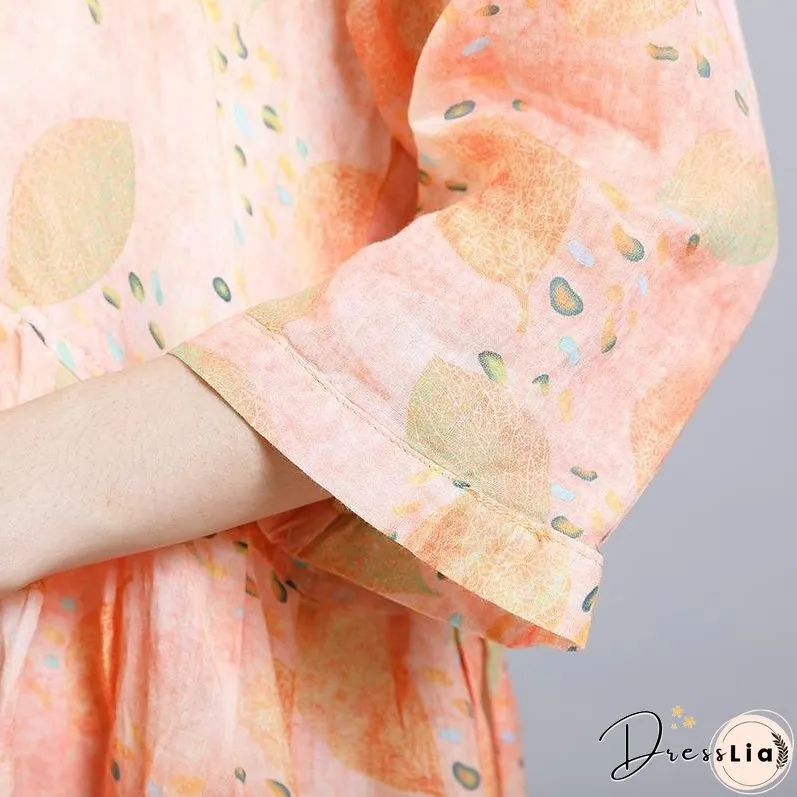 Print V-Neck Button Casual Women Dress