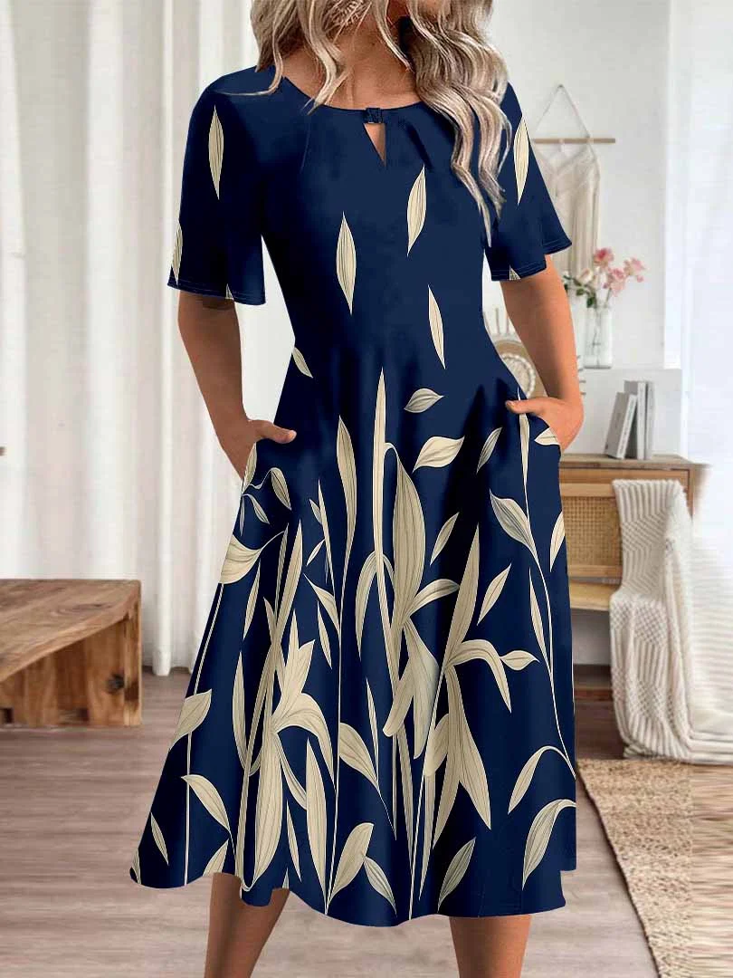 Women Floral,Blue DZHA8179 Short Sleeve Scoop Neck Graphic Printed Hollow Midi Dress