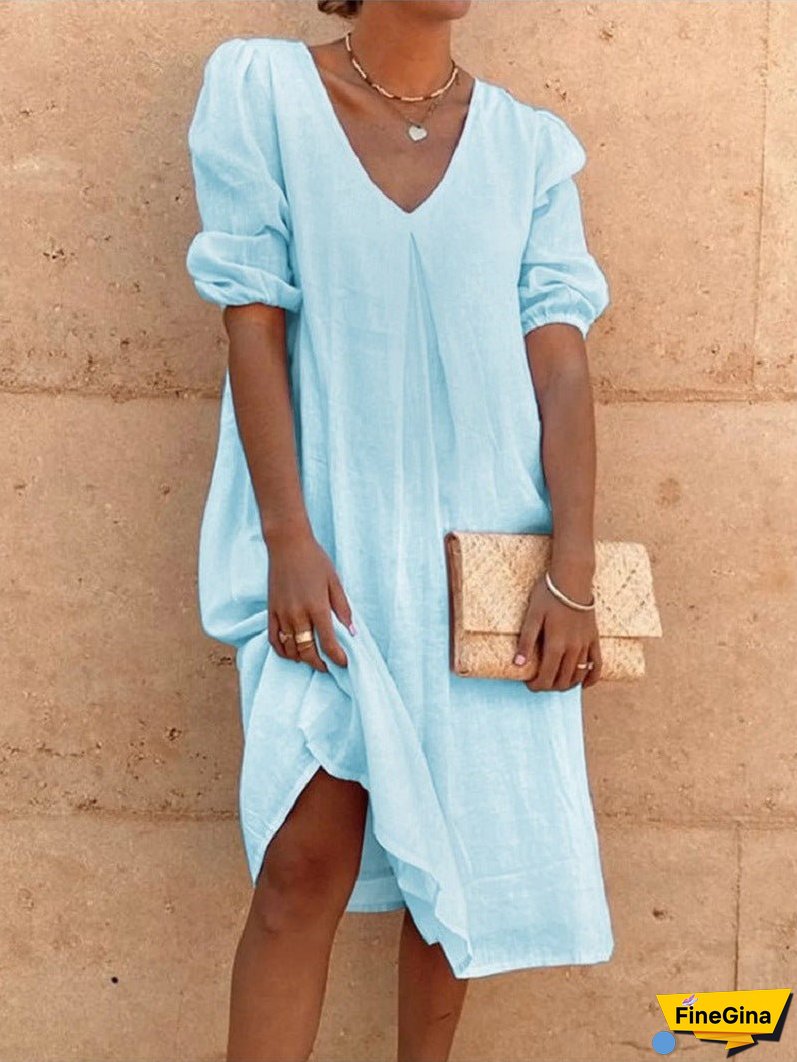 XIEYINSHE Europe and America Cross Border Wish Cotton Linen Solid Color Fashion Medium Long Sleeve Long Casual Mid-Length Dress