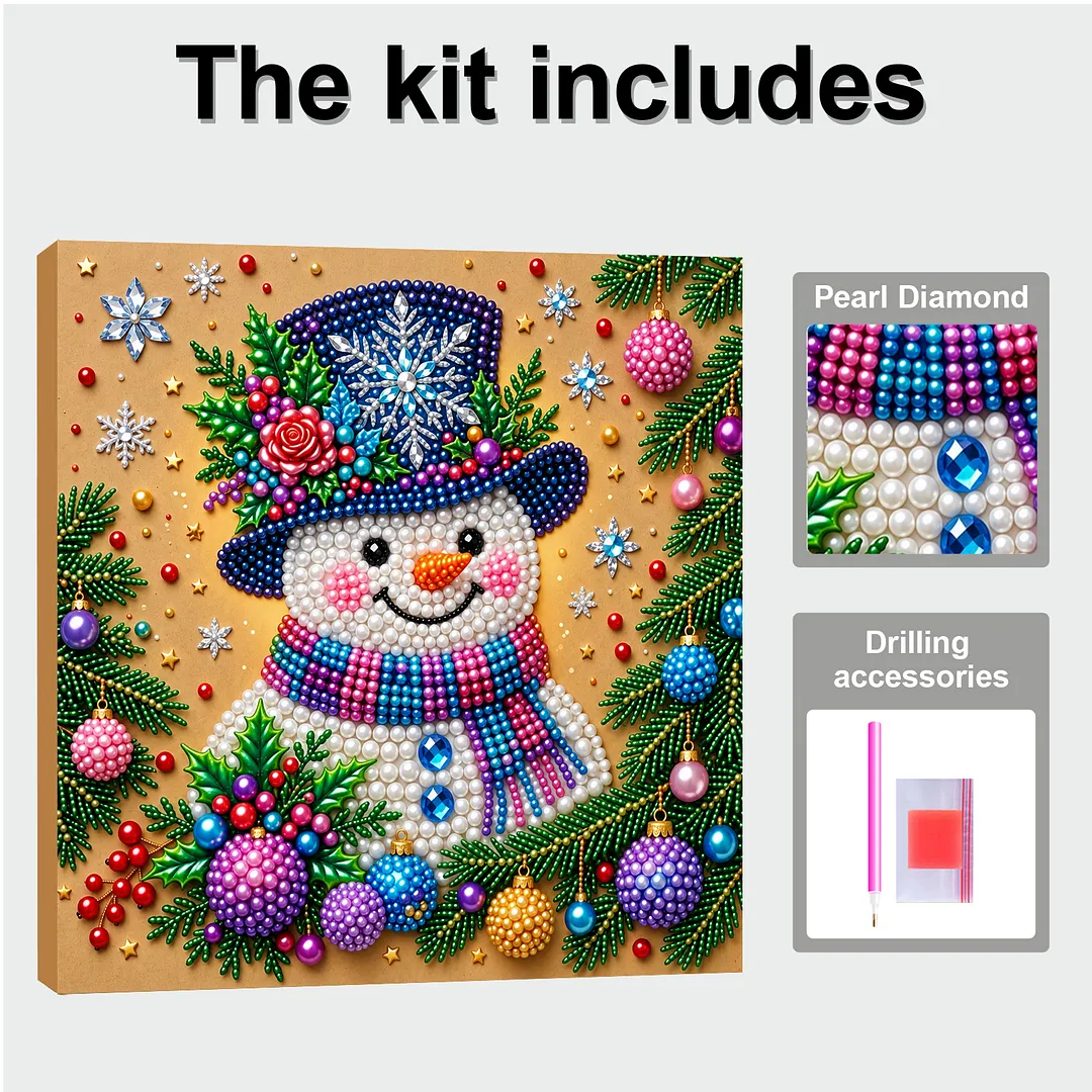 Framed Pearl Painting Kit Snowman with Ornaments 20x20cm