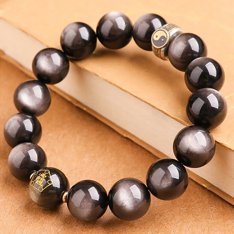 925 Sterling Silver Black Obsidian Gold Sheen Obsidian Silver Sheen Obsidian Yin Yang Protection Bracelet