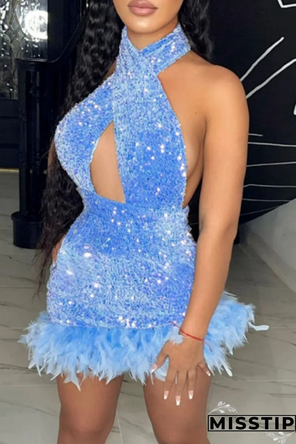 Blue Sexy Patchwork Sequins Backless Halter Sleeveless Dress Dresses