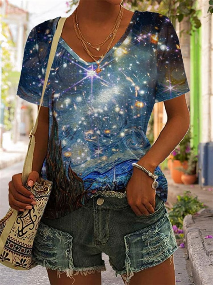 Comstylish Glittering Stars Of Starry Night V Neck T Shirt