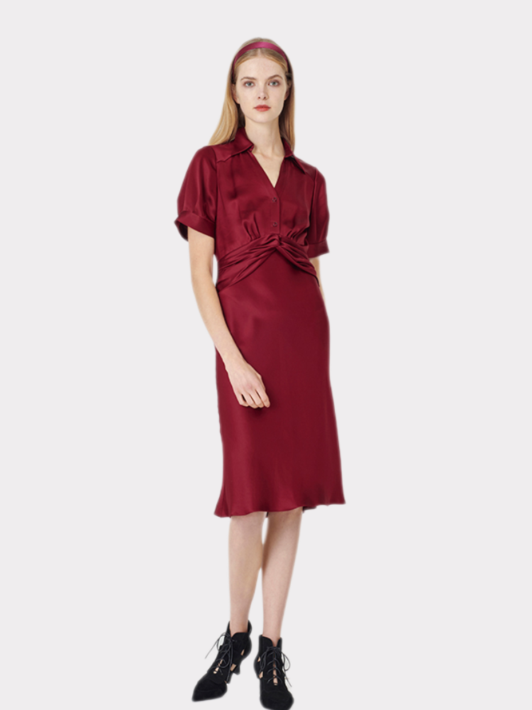 Burgundy V Neck Silk Fitted Dress REAL SILK LIFE