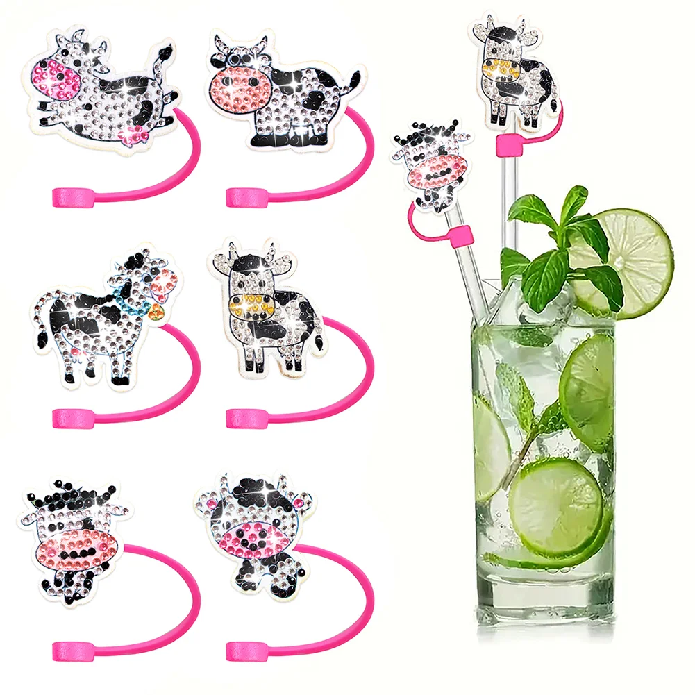 8Pcs DIY Cow Acrylic Silicone 5D DIY Diamond Painting Straw Cap for Tumblers