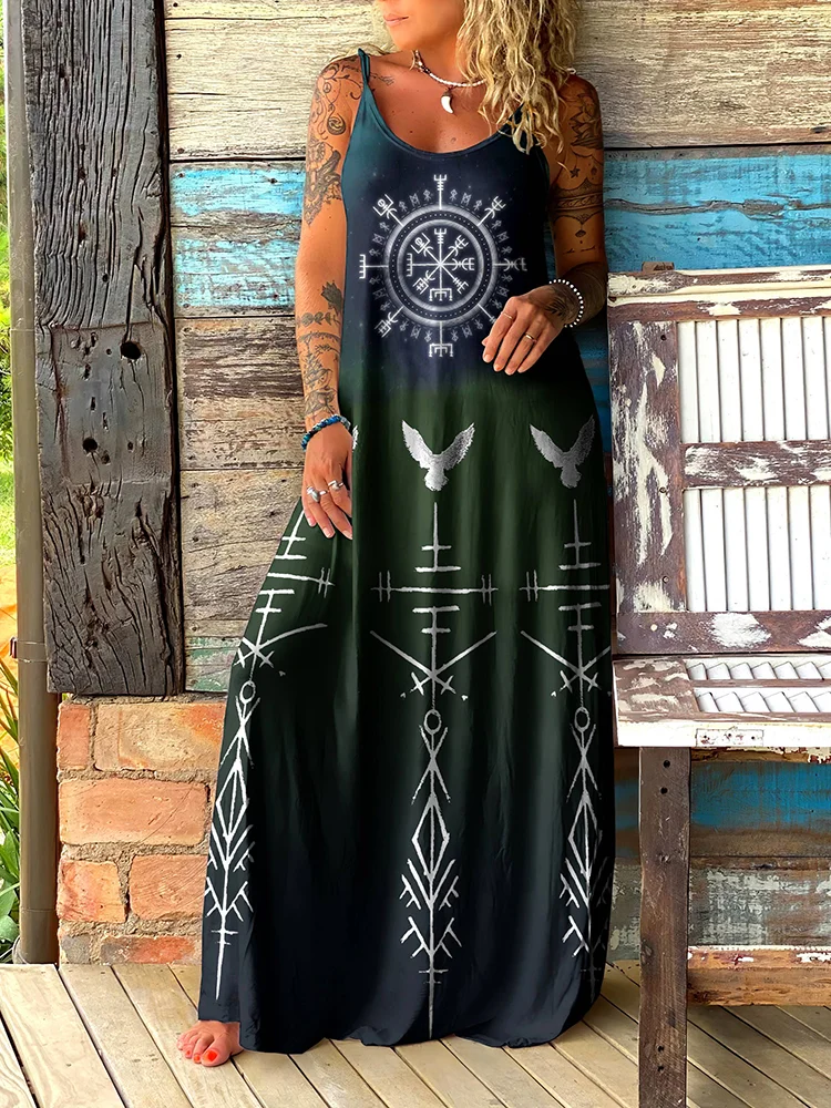 Retro Tribal Viking Ethnic Rune Bird Graphics Maxi Dress