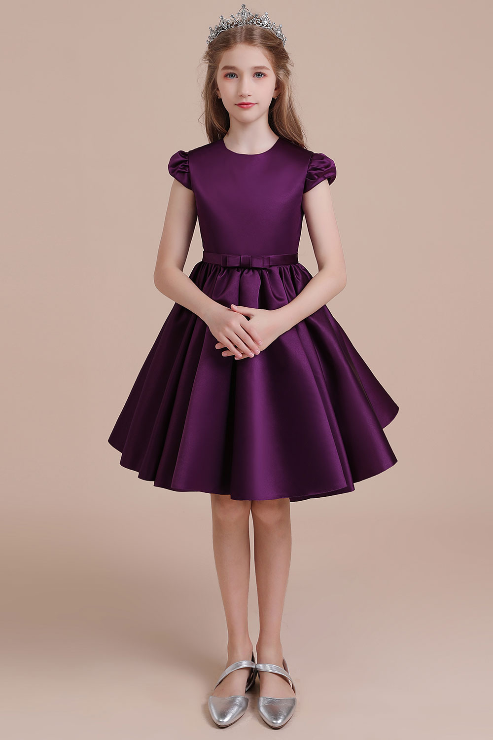 Dresseswow Graceful Cap Sleeves Satin A-line Flower Girl Dress with Ribbons