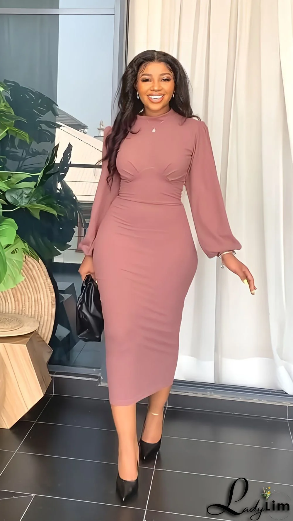 Chic Slit Long Sleeve Elegant Midi Women's Dress