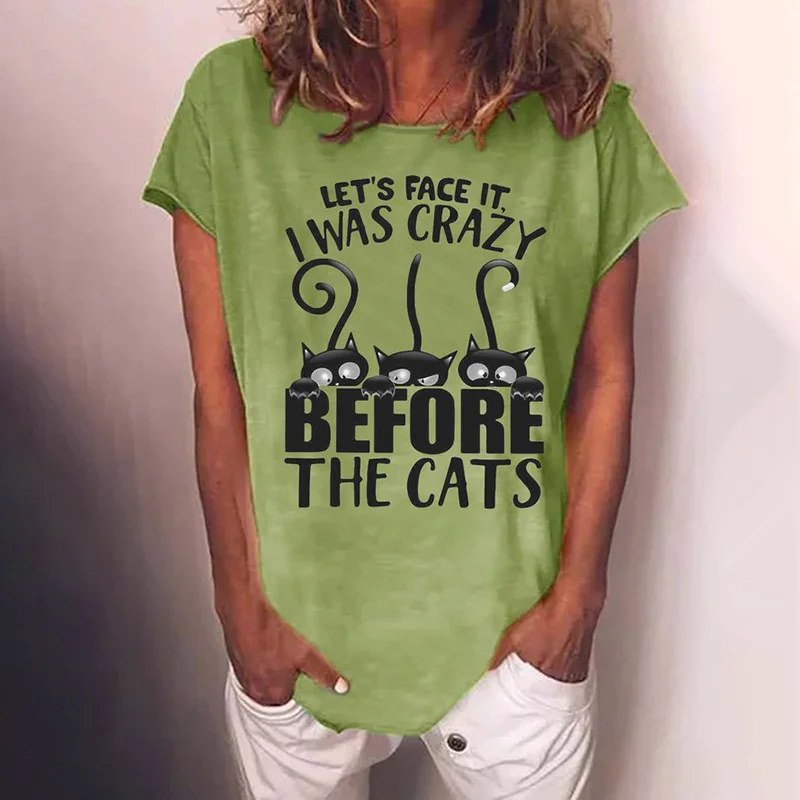 Cat Print Crew Neck Short Sleeve T-Shirt