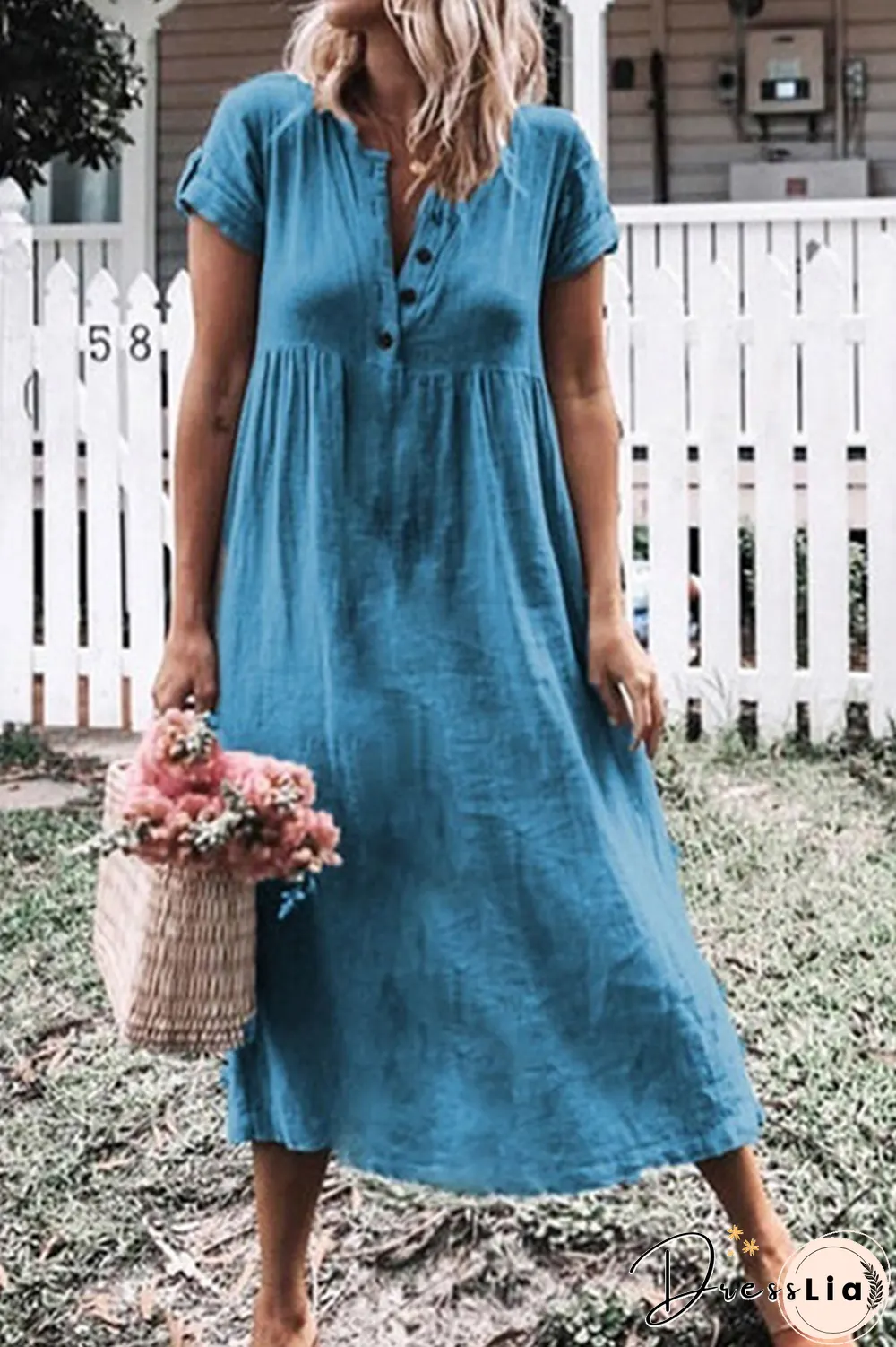 Casual Solid Buckle V Neck Straight Dresses(6 colors)