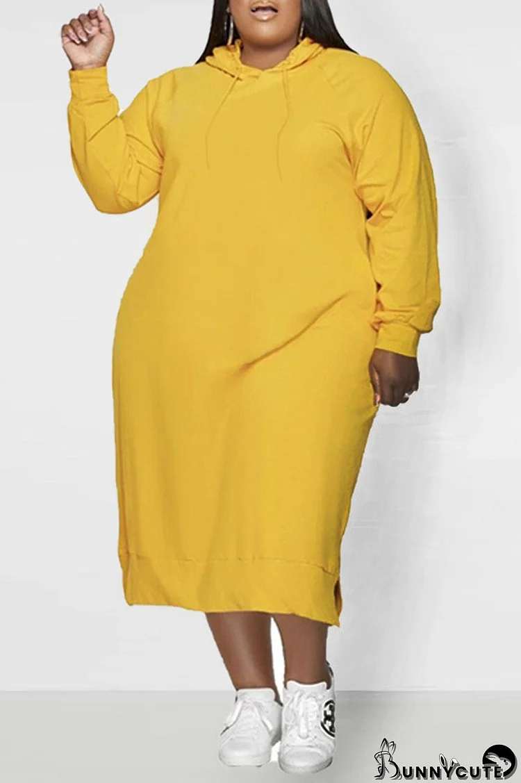 Yellow Casual Solid Patchwork Hooded Collar Straight Plus Size Dresses