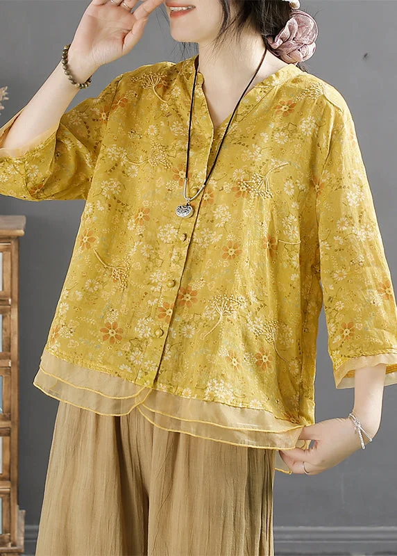 Chinese Style Yellow V Neck Embroideried Linen Shirt Top Summer