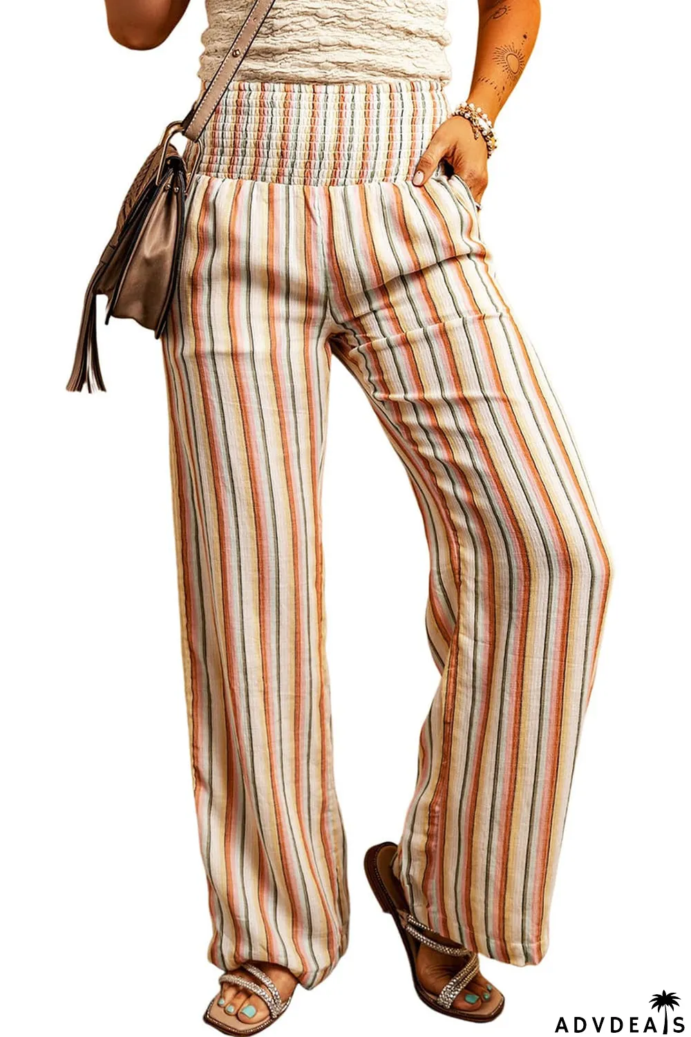 Shirred High Waist Straight Leg Pants