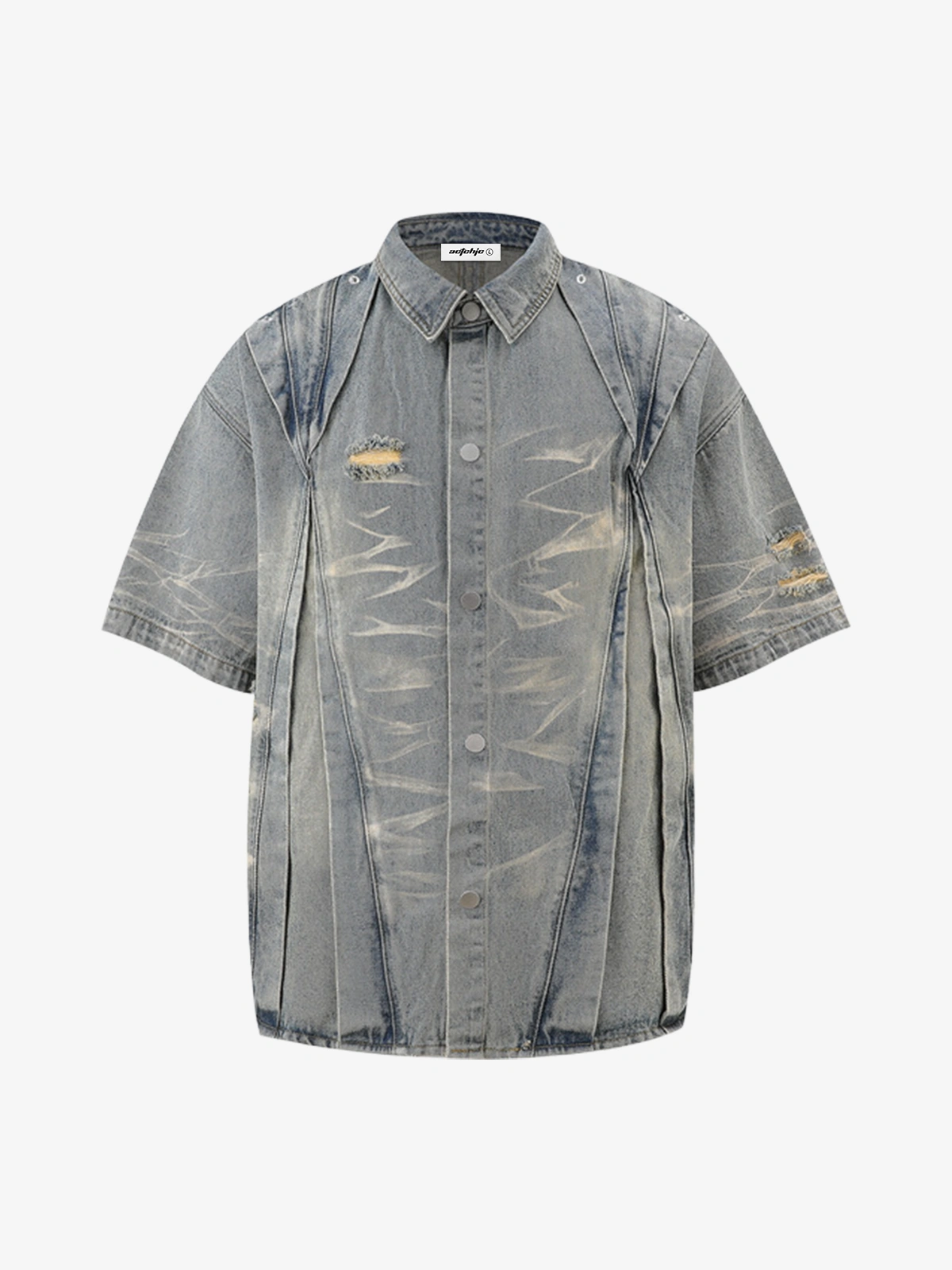 Mud Yellow Act Chic Pleated Washed Distressed Denim Short Sleeve Shirt Front
