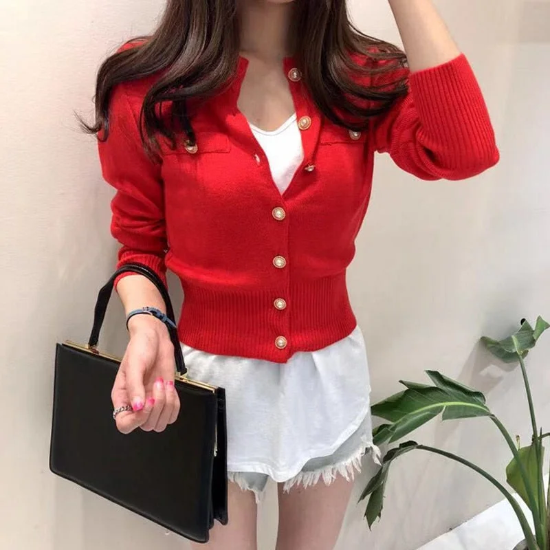Fashion Women Cardigan Sweater Autumn Knitted Long Sleeve Short Coat Casual Single Breasted Korean Slim Chic Ladies Top 17375