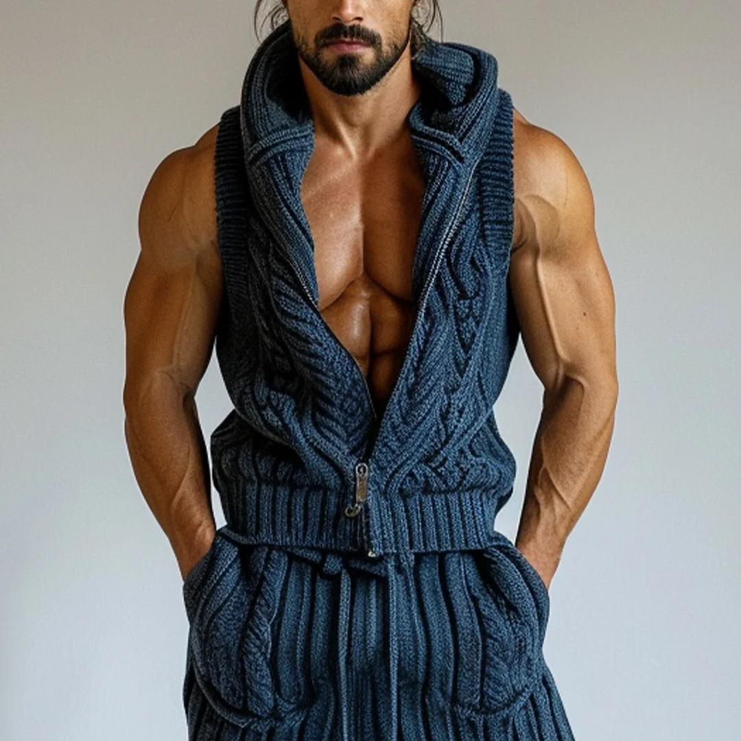 Retro Solid Color Casual Knitted Hooded Sleeveless Suit-inspireuse