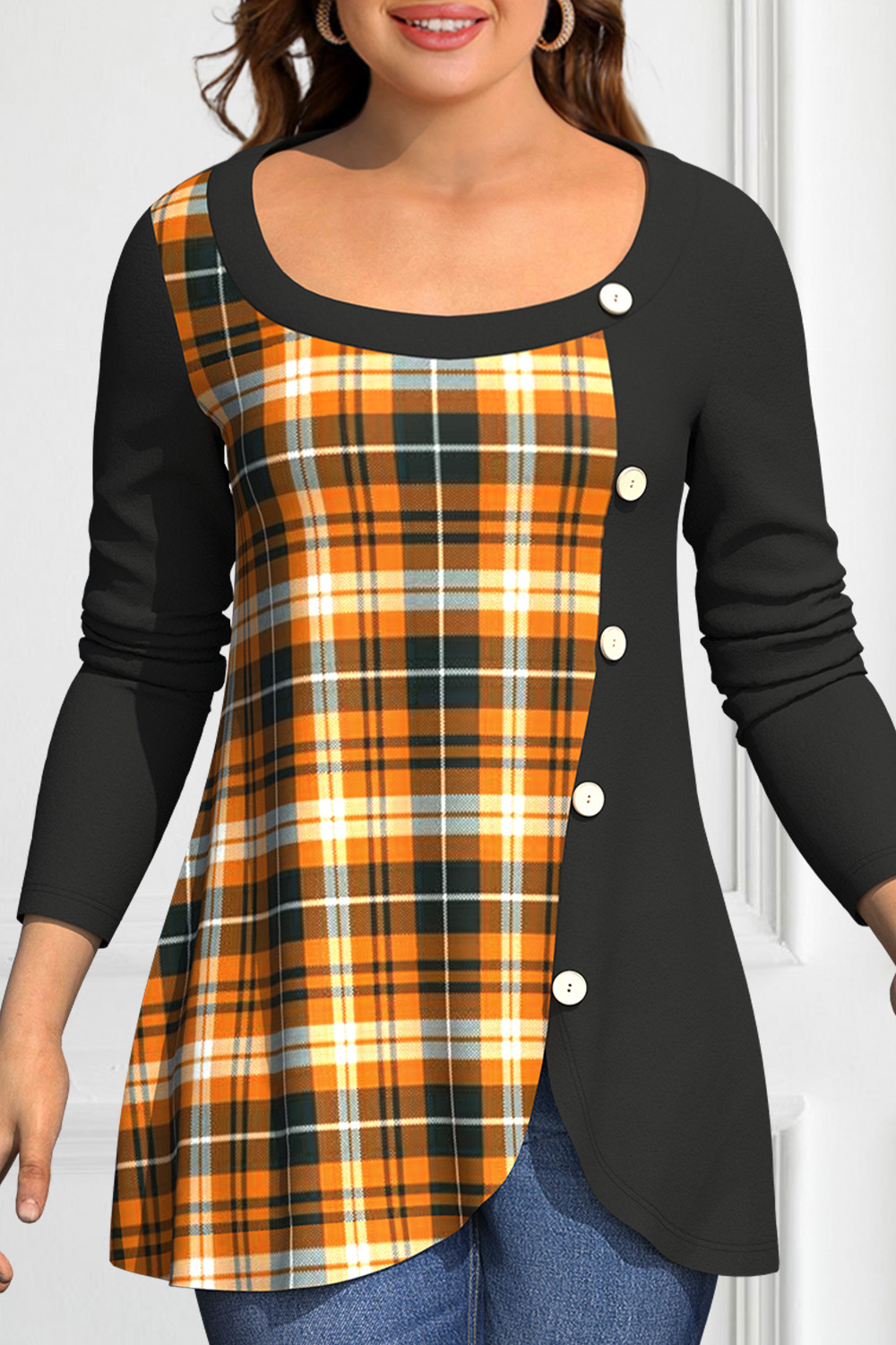 Flycurvy Plus Size Casual Black Plaid Print Stitching Split Asymmetrical Hem Blouses 2024 - Flycurvy 