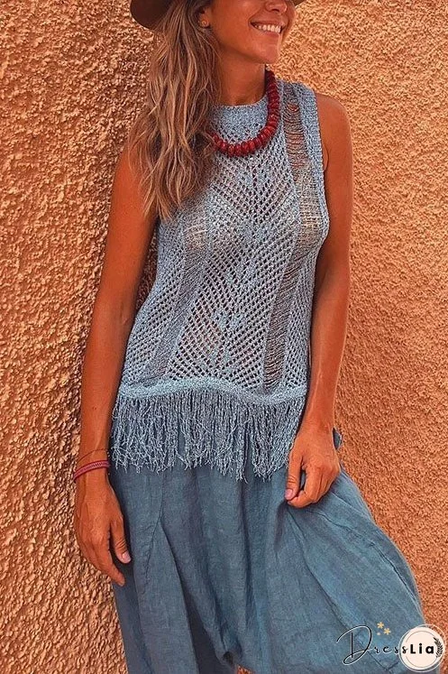 Meridress Tassel Crewneck Sleeveless Hollow Out Cover Up
