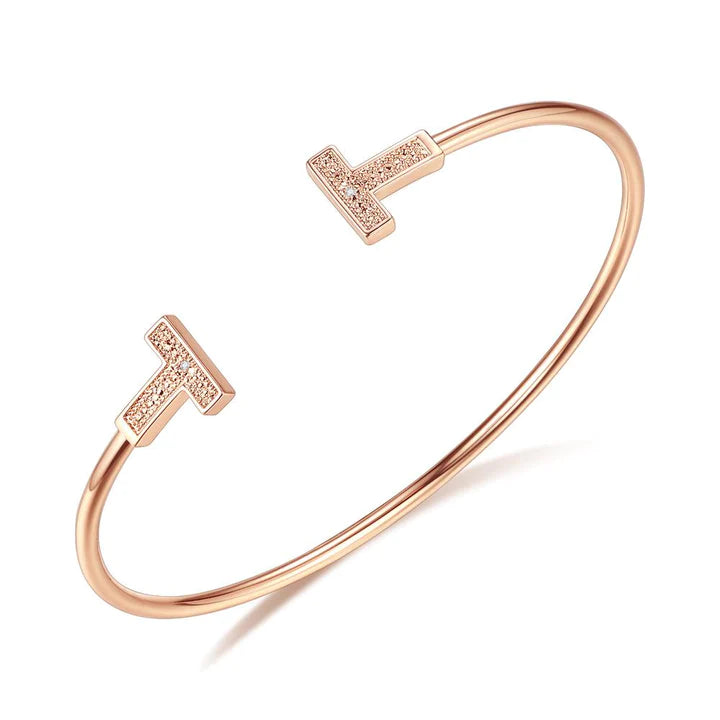 Double Alphabet T with Diamond Open Bangle
