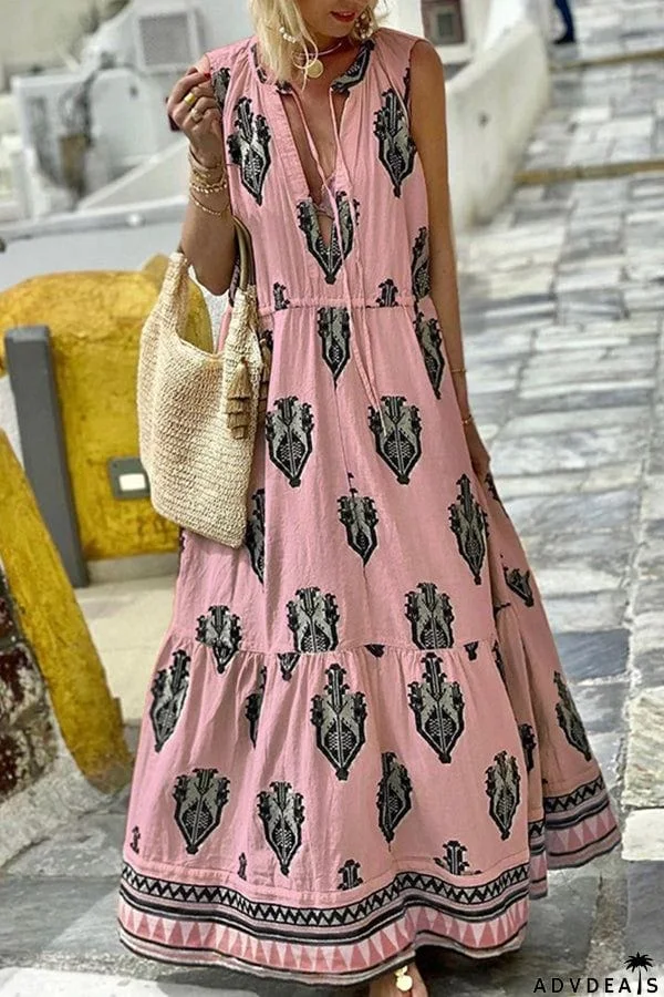 Elegant Sleeveless Mid Length Bohemian Print Dress