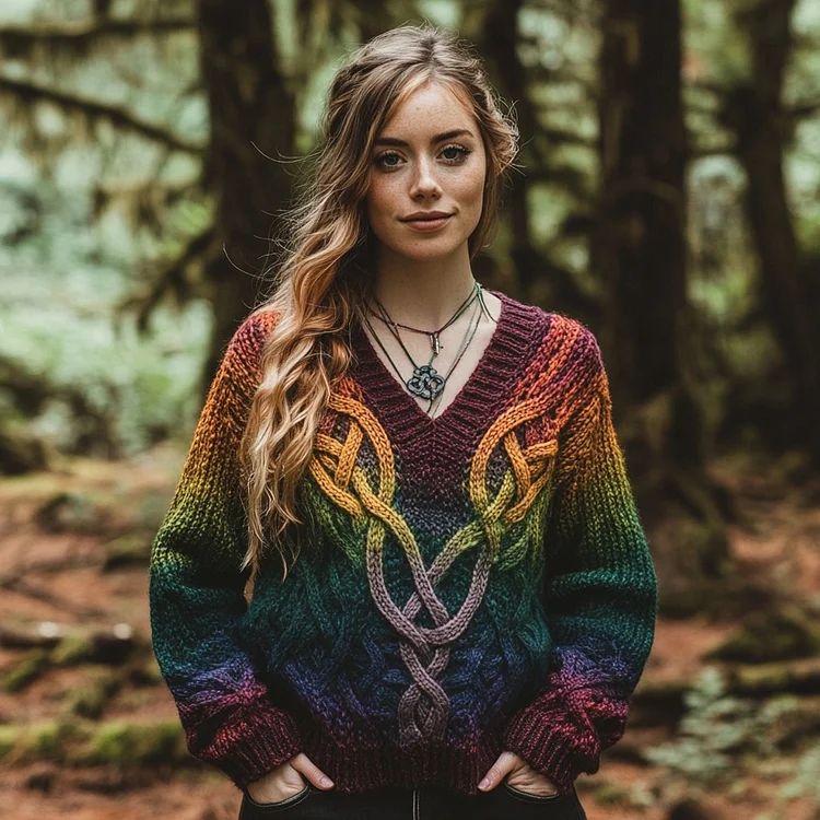 Vintage Rainbow Gradient Celtic Knot Chunky V-neck Aran Sweater