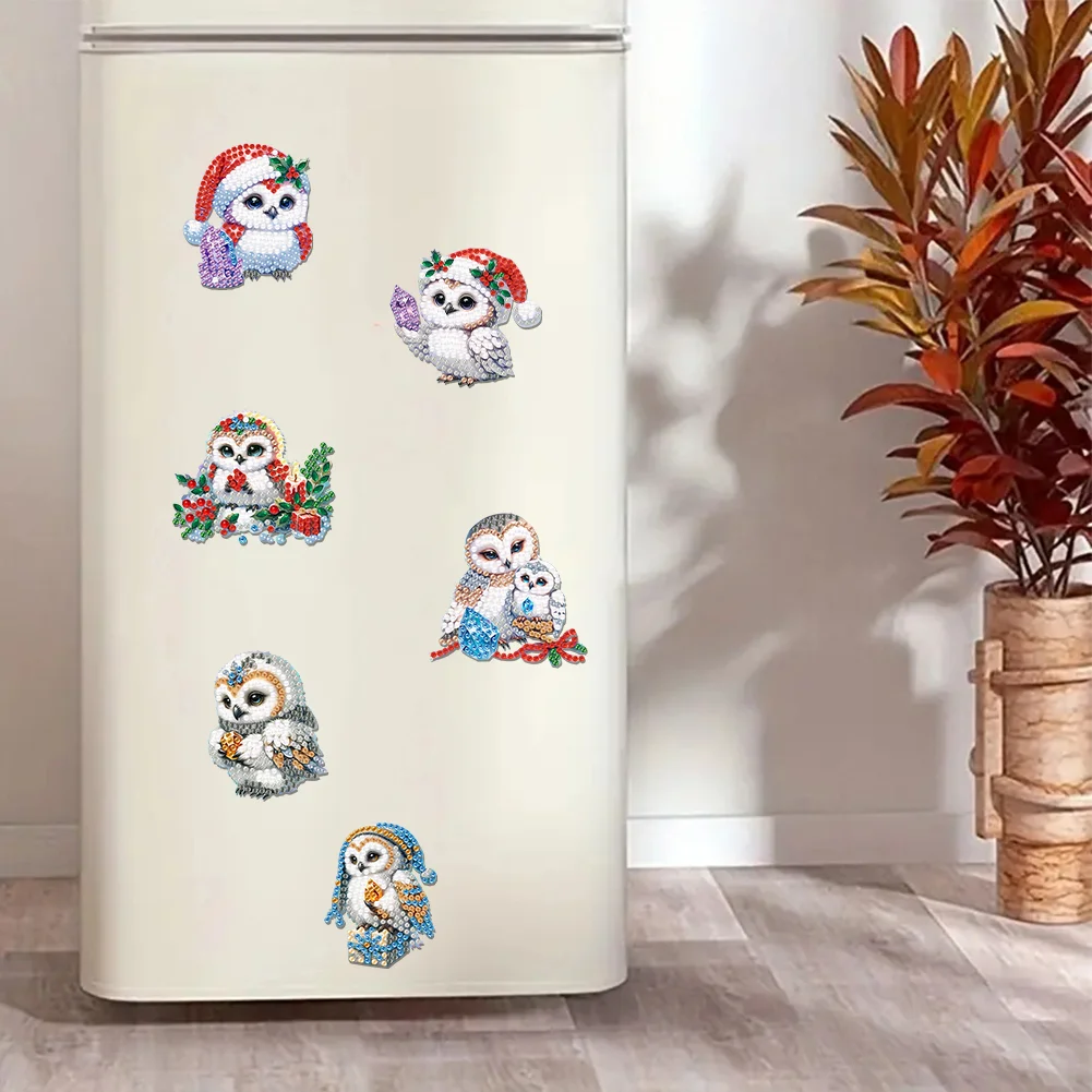 6Pcs Acrylic Christmas Owl Diamond Painting Art Fridge Magnet for Adults
