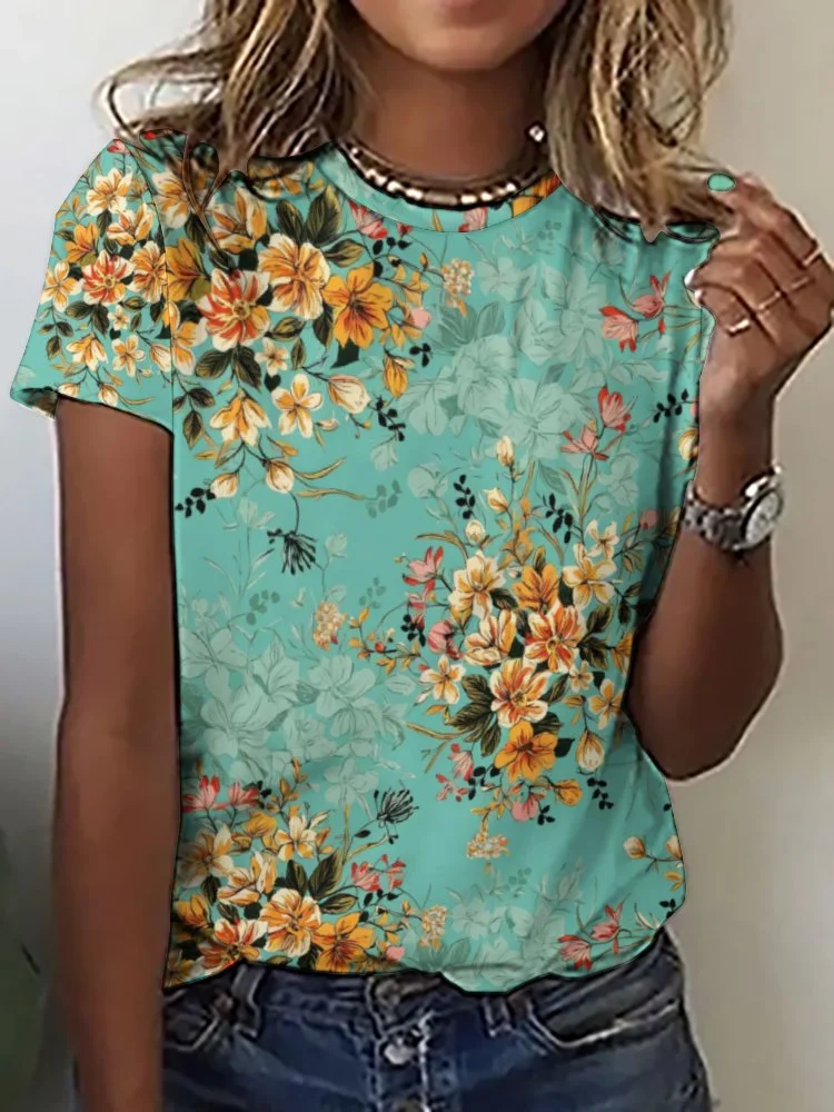 Printed Short Sleeve Casual T-shirt for  Women and Men Unisex Pattern Floral, Green, Yellow