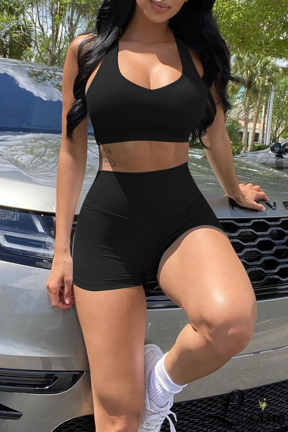 Black Casual Sportswear Solid Basic U Neck Sleeveless Two Pieces