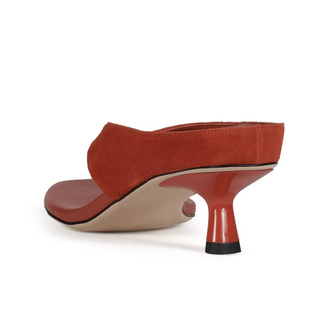 Burgundy Open Square Toe Flip Flop Patchwork Spool Heeled Sandals