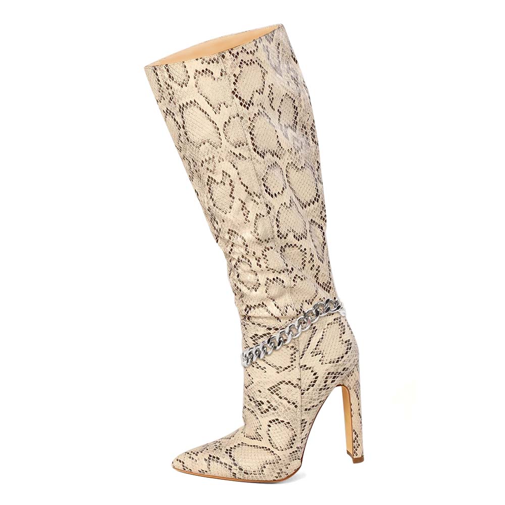 Beige Snake Textured Pointed Toe Wide Calf Tall Boots with Chain Nicepairs