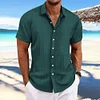 Camicia da uomo a maniche corte jacquard rigata in cotone e lino con revers