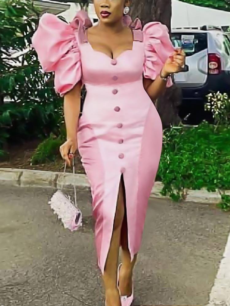 Neosepa-Contrast Color Exaggerated Puff Sleeve Flounce Front Slit Ruffles Pink Gown