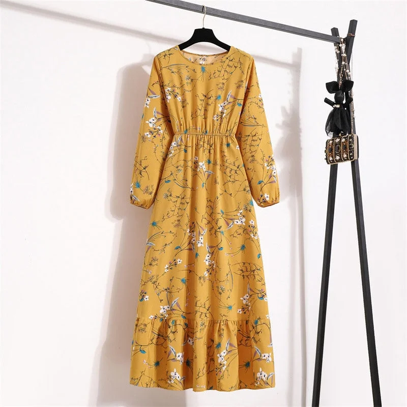 Floral Print Long Dress Women Lantern Long Sleeve High Waist Elegant Party Dress Ladies Casual Spring Summer Beach Maxi Dress