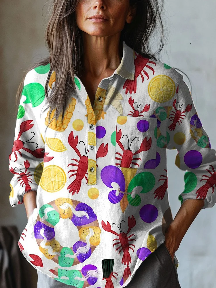 Women's   Mardi Gras  Art Print Casual Cotton And Linen Shirt
